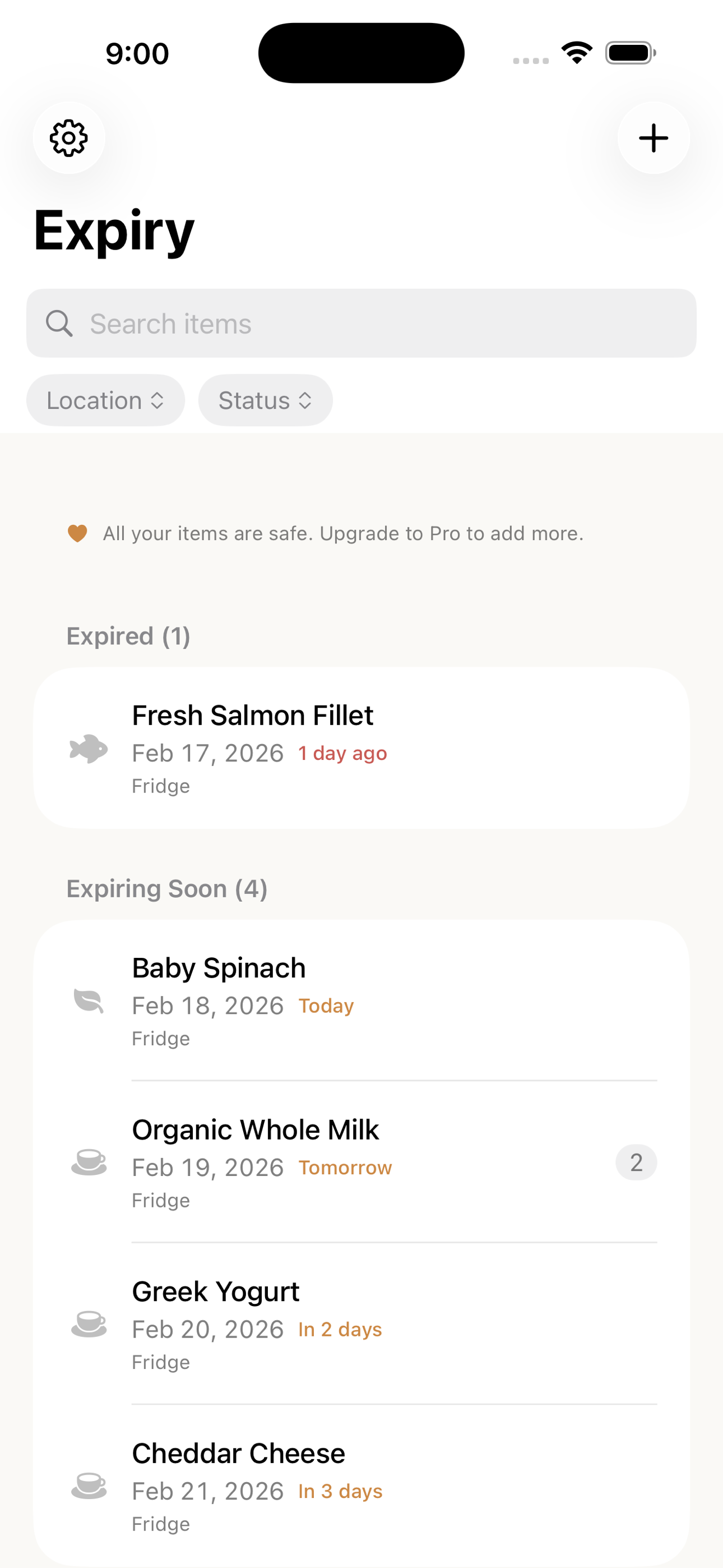 Expiry dashboard showing tracked food items organized by expiry date