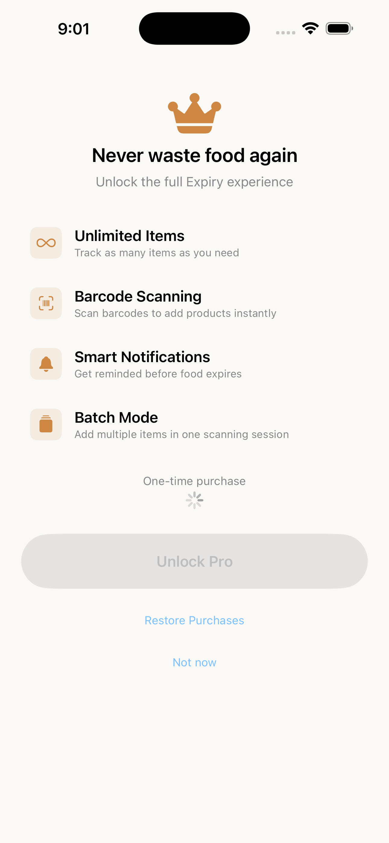 Expiry Pro features including unlimited items and barcode scanning
